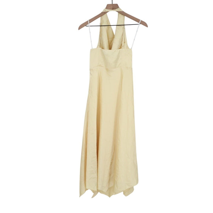 Lulus Evette Pale Midi Dress Womens Small Yellow Satin Cowl Ruffled Handkerchief