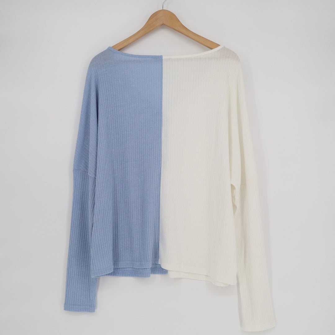 Shein Sweater Womens Large White Blue Knit Stretch Long Sleeve V-Neck Pullover