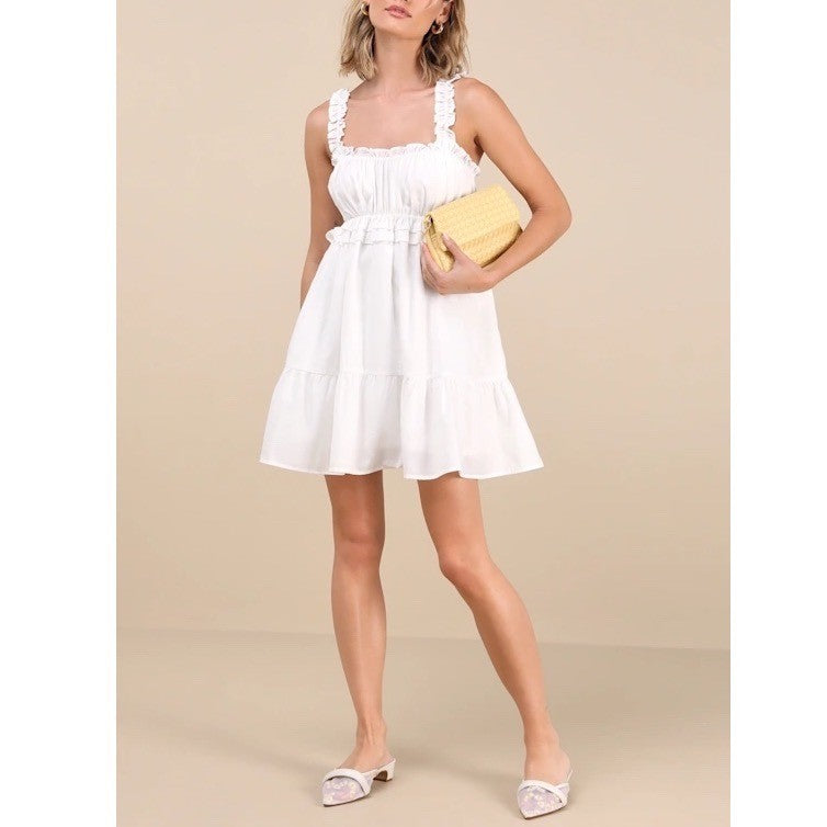Lulus Nathaly Babydoll Mini Dress Women XS White Poplin Ruffled Pleated Pullover