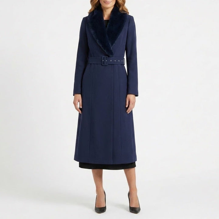 Naked Wardrobe The Statement Trench Coat Womens XS Navy Stretch Fur Trim Lined