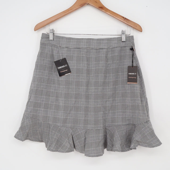 Forever 21 Skirt Womens L Contemporary Grey Glen Plaid Ruffle Mini New