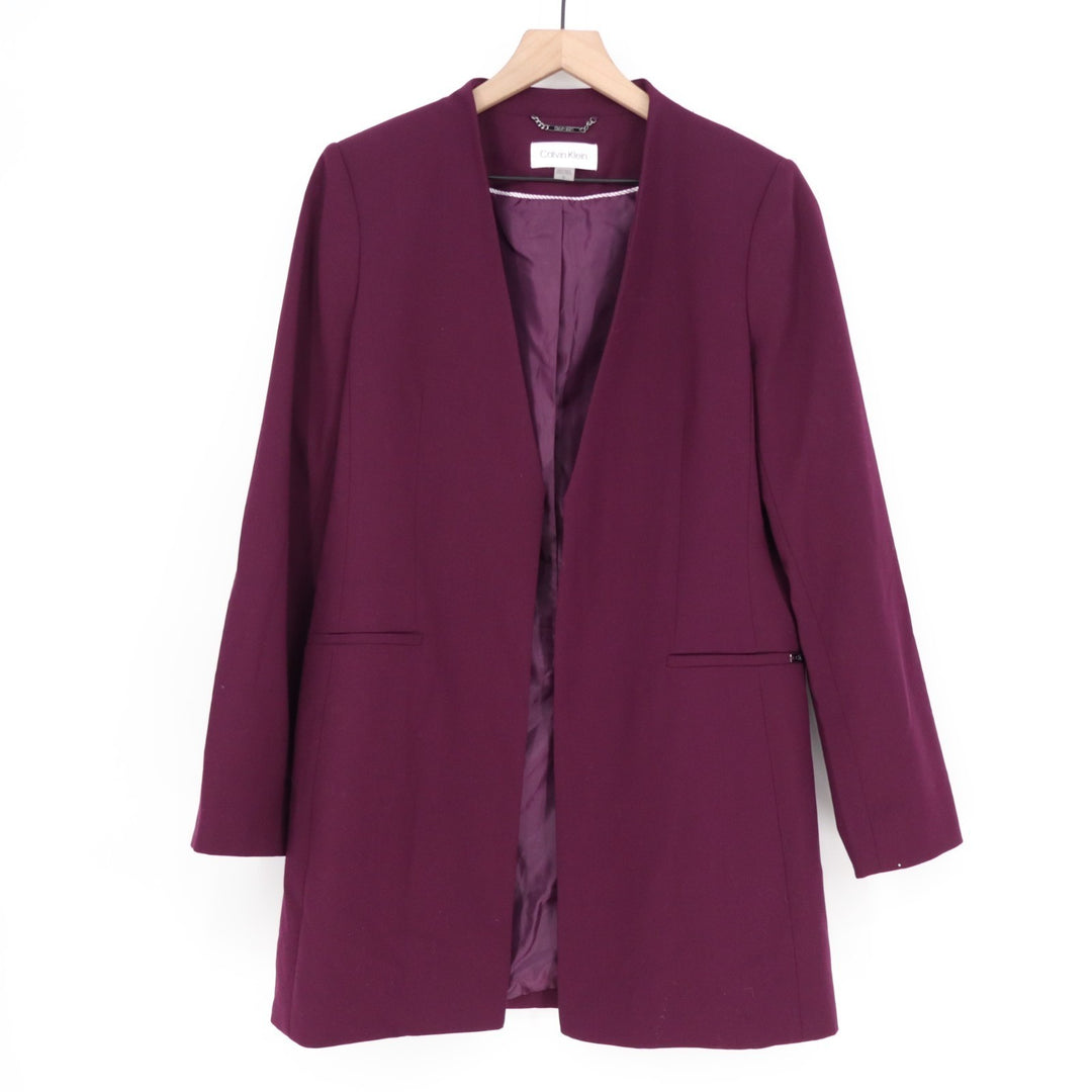 Calvin Klein Blazer Womens 12 Burgundy Stretch Pockets Open Front Shawl Collar