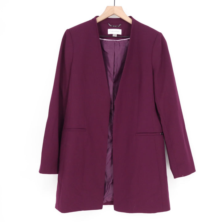 Calvin Klein Blazer Womens 12 Burgundy Stretch Pockets Open Front Shawl Collar
