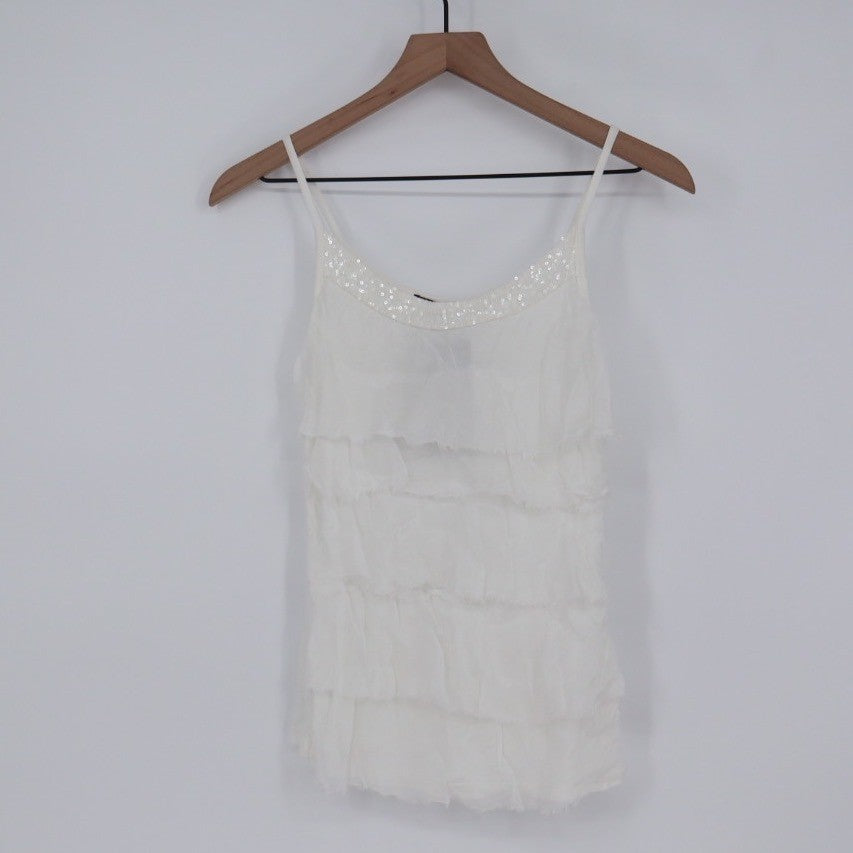 NT By Amari White Sequin Embellished Tiered Ruffle Tank Top Silk Blend Size S
