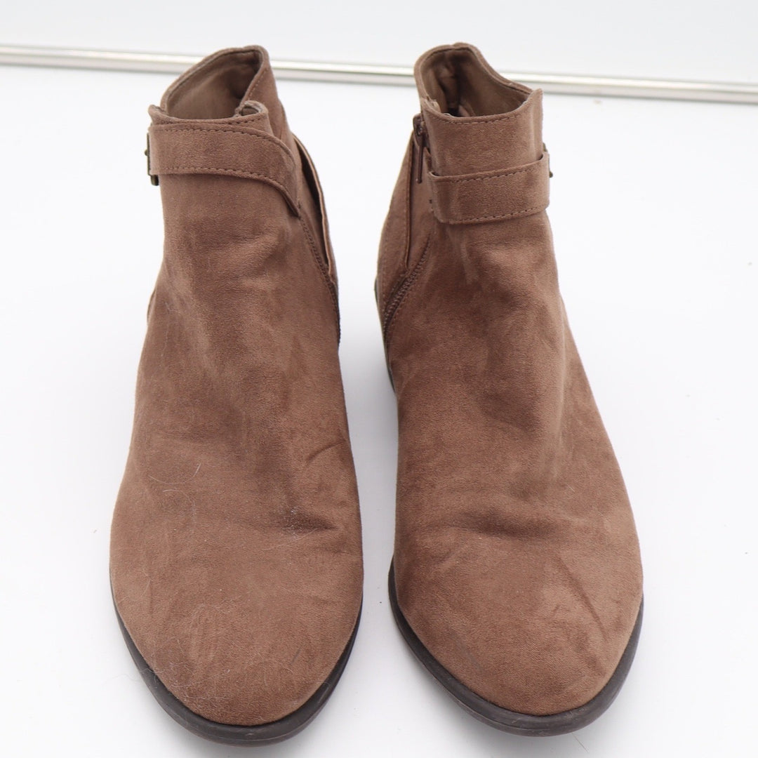 Voss Womens Brown Faux Suede Ankle Booties Side Zip Buckle Strap Size 10