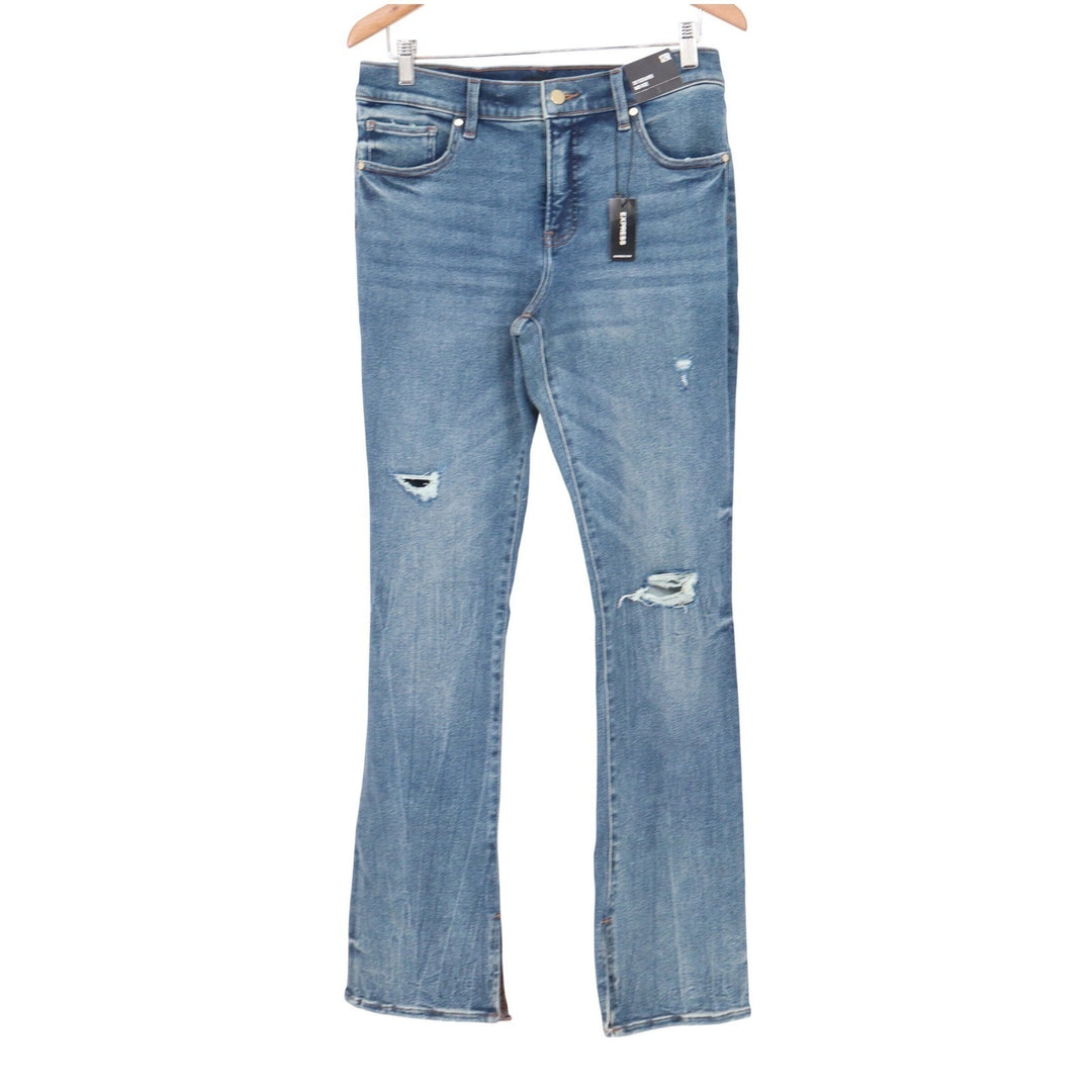 Express Skyscraper Mid Rise Flare Jeans Blue Distressed Ripped 12R