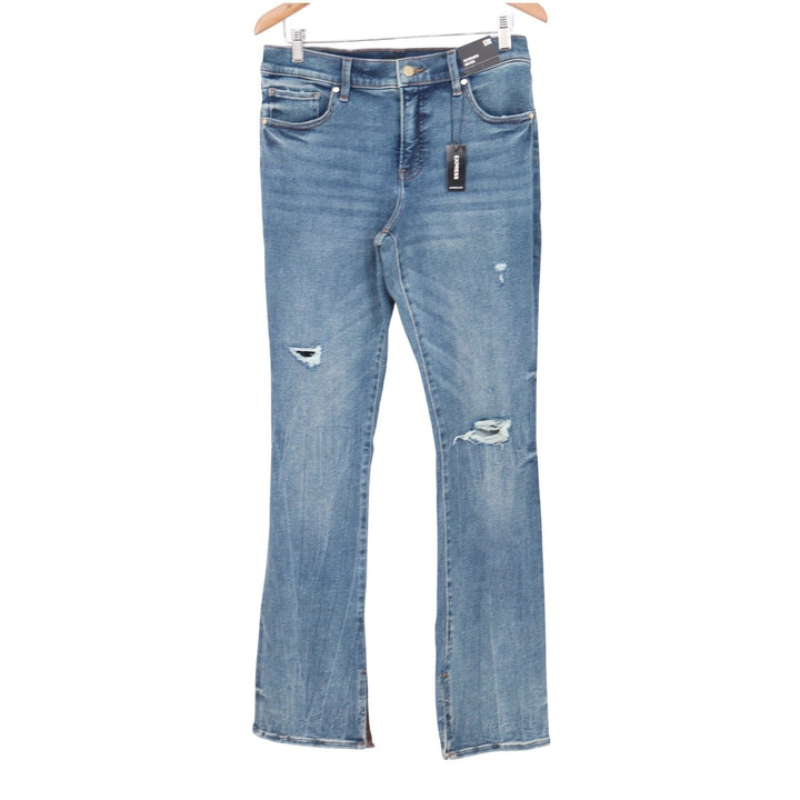 Express Skyscraper Mid Rise Flare Jeans Blue Distressed Ripped 12R