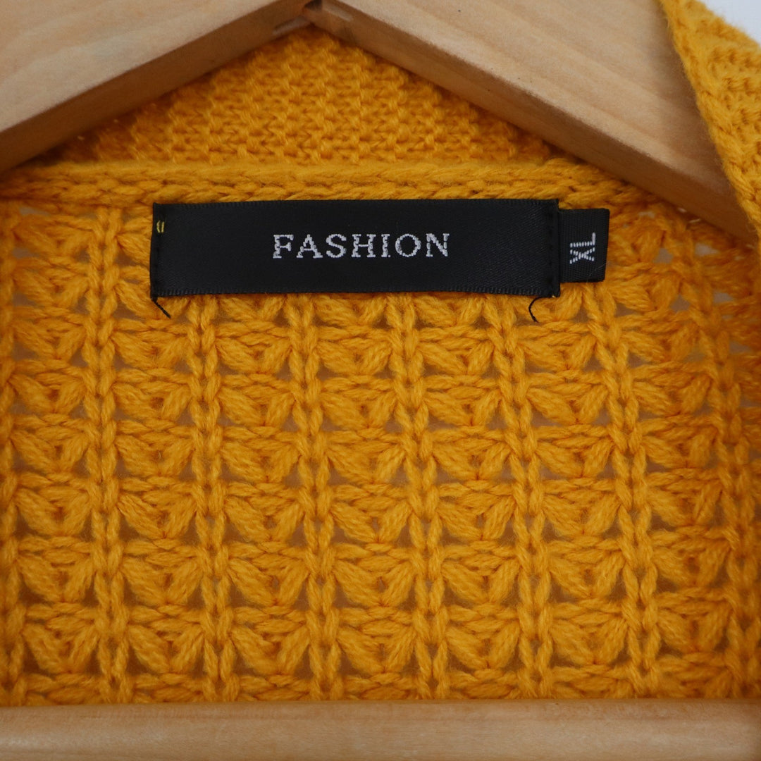 Fashion Womens XL Mustard Yellow Waffle Knit Open Front Cardigan Sweater Pockets