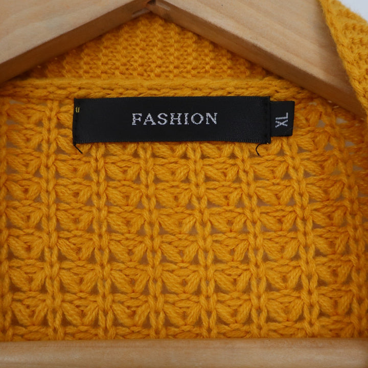 Fashion Womens XL Mustard Yellow Waffle Knit Open Front Cardigan Sweater Pockets