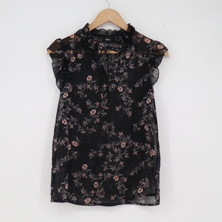 Mossimo Black Floral Sheer Ruffle Neck Tie Front Sleeveless Blouse XS