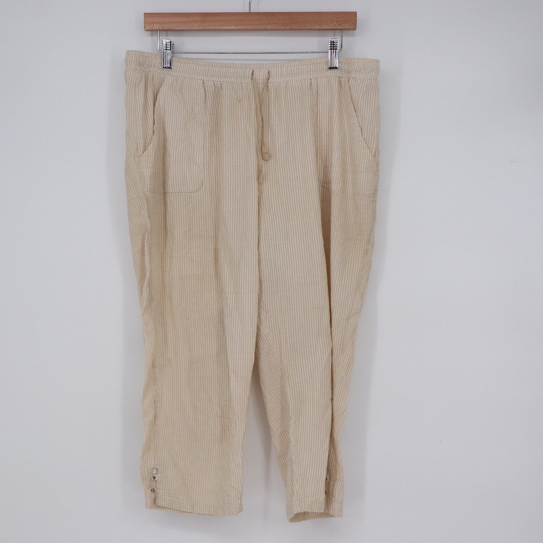 Rebecca Malone Tan White Striped Seersucker Capri Pants Large Drawstring Crop