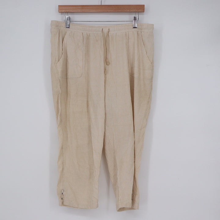 Rebecca Malone Tan White Striped Seersucker Capri Pants Large Drawstring Crop