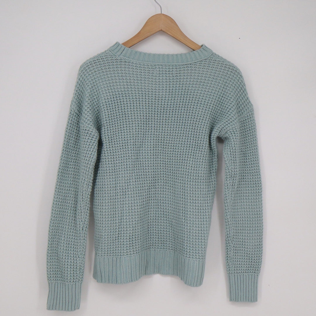 SO Womens Waffle Knit Sweater Light Blue Crewneck High-Low Hem Small