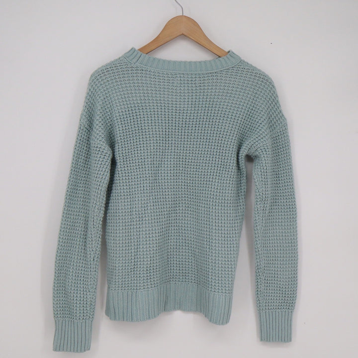 SO Womens Waffle Knit Sweater Light Blue Crewneck High-Low Hem Small