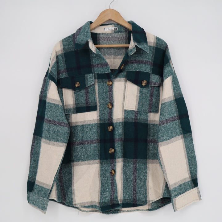 DOROSE Womens Green Plaid Oversized Flannel Shacket Button Down Jacket Large