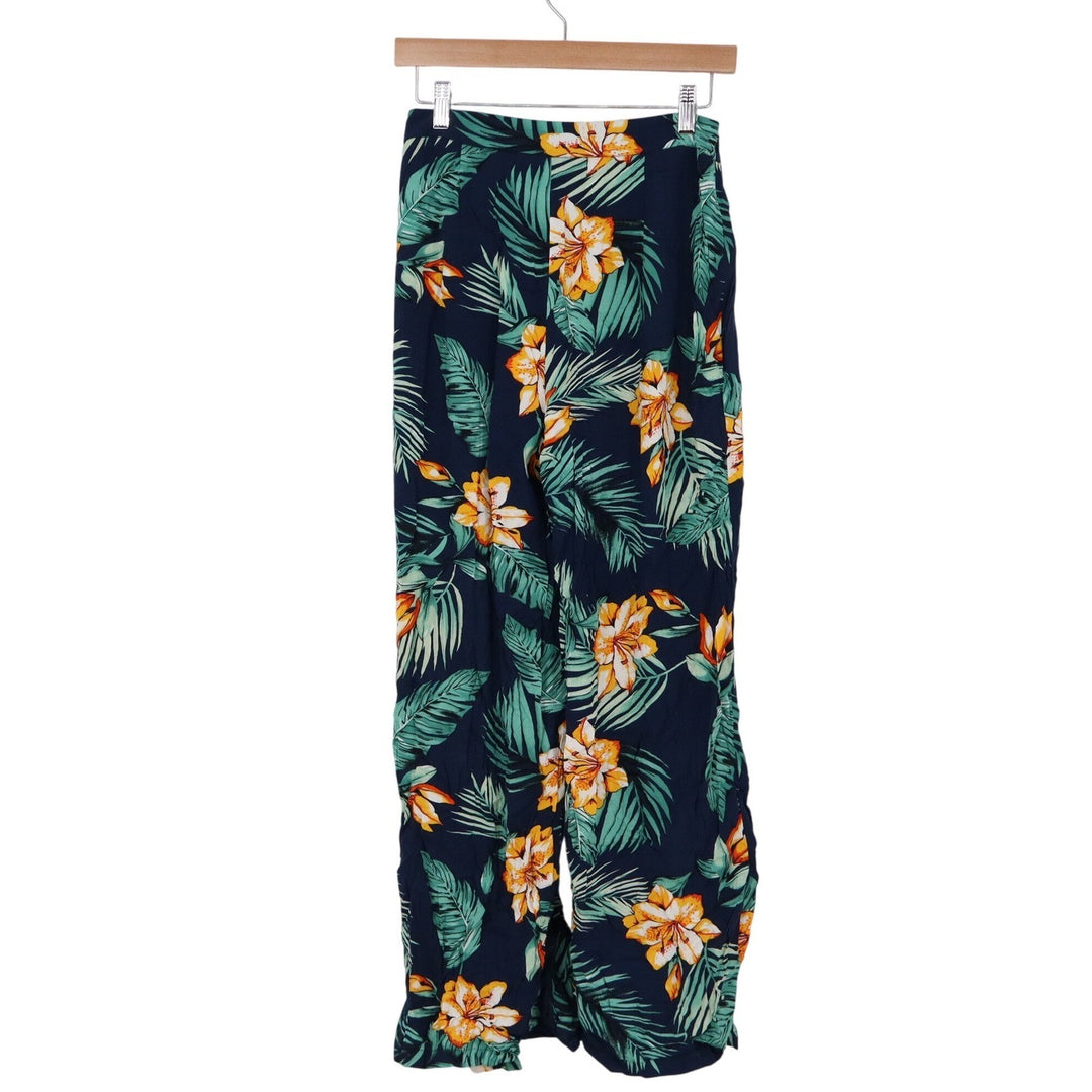 SHEIN Tropical Floral Wide Leg Pants Navy Blue Palm Leaf Summer Viscose Size M