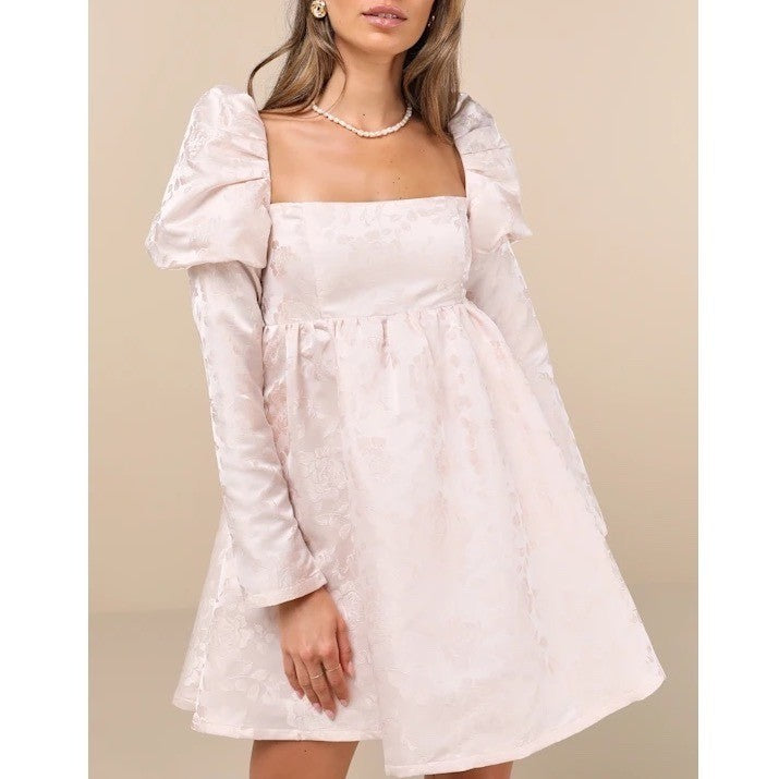 Lulus Lavish Sweetie Babydoll Mini Dress Womens S Blush Jacquard Puff Shoulder