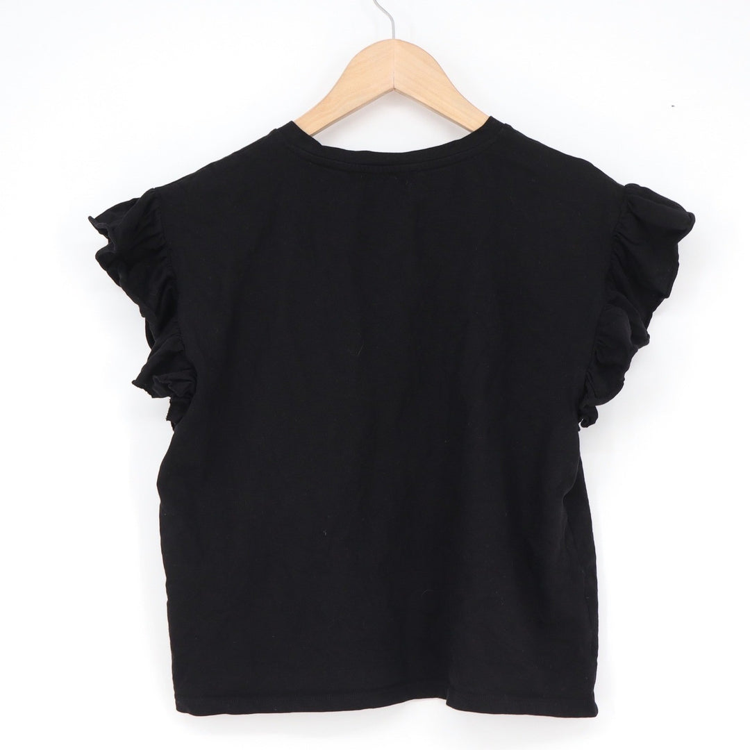 Zara Black Ruffle Sleeve Knit Top Crew Neck Flutter Cap Sleeve Tee
