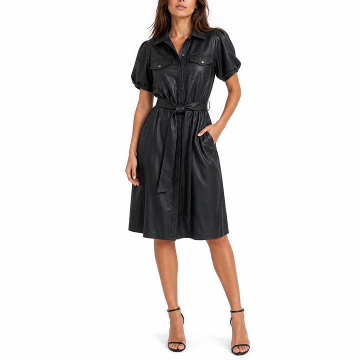Marc New York Andrew Marc Black Faux Leather Belted Shirt Dress M