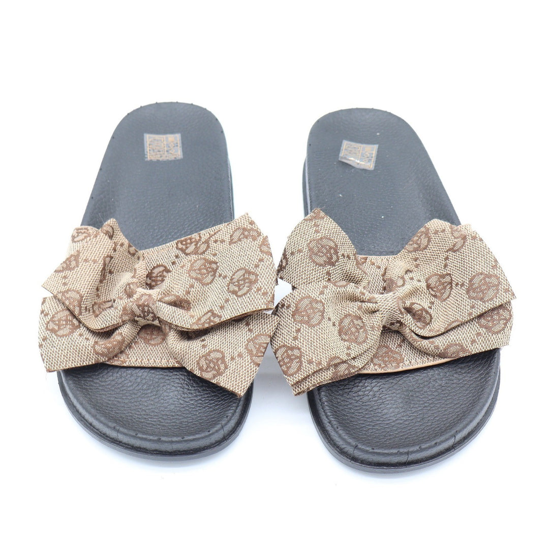 Womens Monogram Floral Bow Slide Sandals Brown Tan Black Size 36