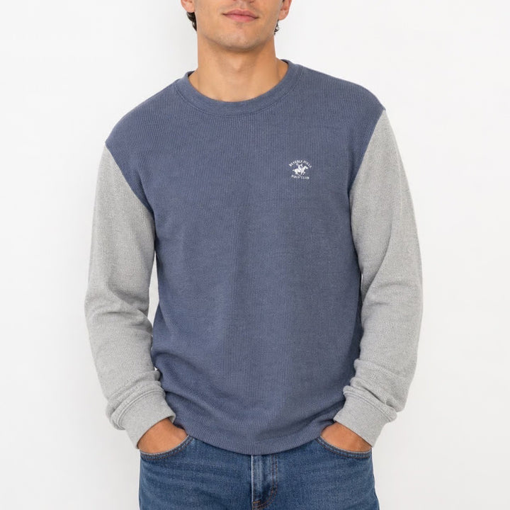 Beverly Hills Polo Club Mens Small Blue Grey Waffle Knit Thermal Shirt Logo