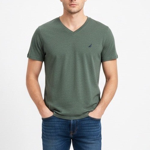Nautica Mens V-Neck T-Shirt Green Short Sleeve Basic Logo Size S