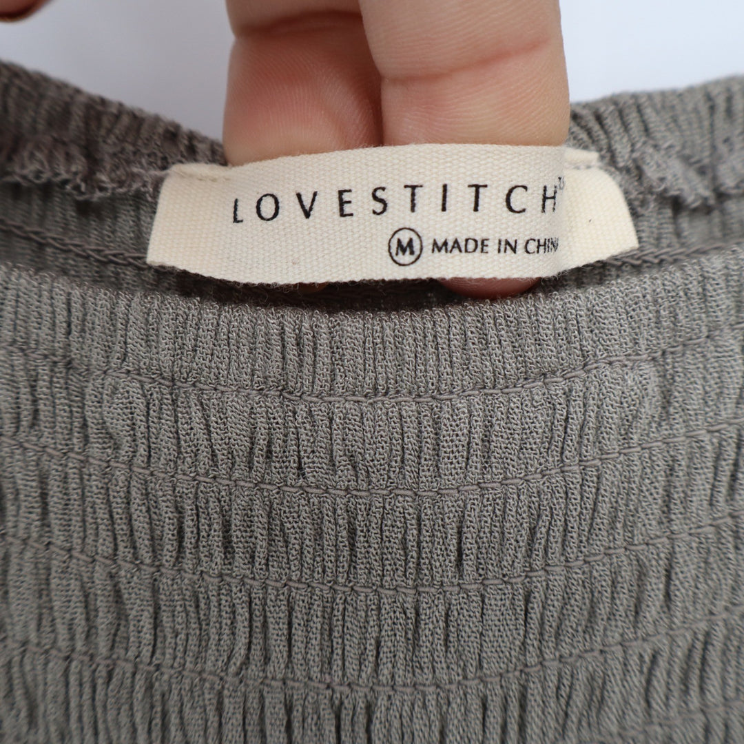 Lovestitch Smocked Tiered Maxi Dress Olive Grey Rayon Boho M