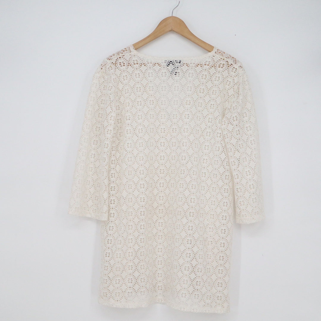J Valdi Ivory Crochet Lace Swim Cover Up Tunic V-Neck 3/4 Sleeve Small
