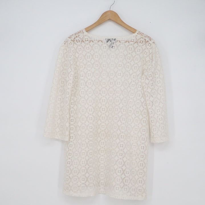 J Valdi Ivory Crochet Lace Swim Cover Up Tunic V-Neck 3/4 Sleeve Small
