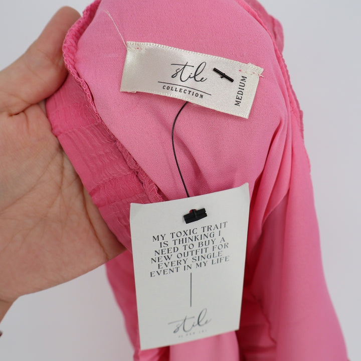 Stile Collection Pink Tiered Maxi Dress Flutter Sleeve V-Neck Checkered Medium