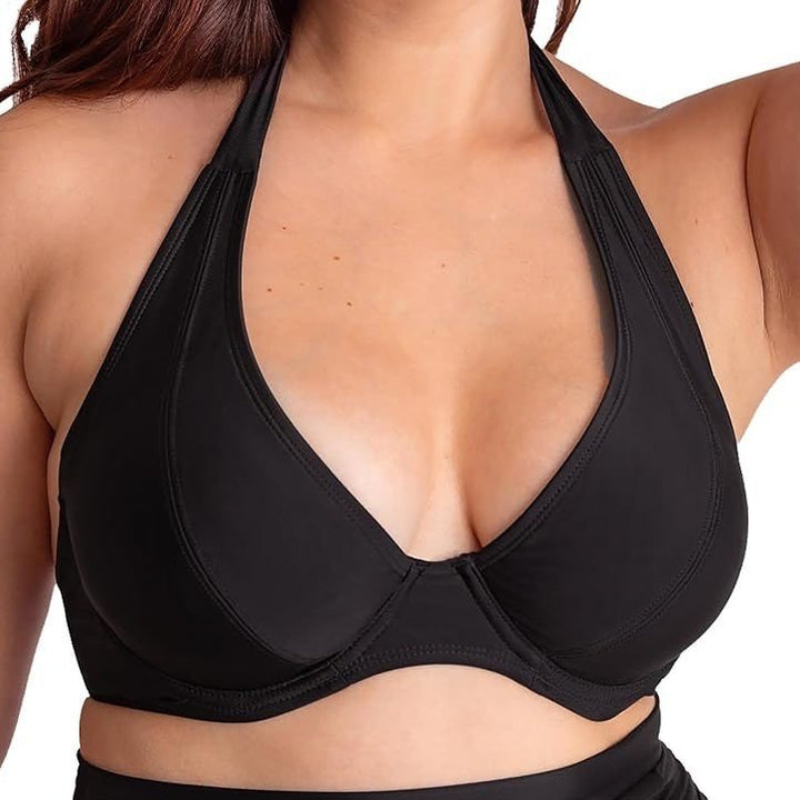 Shapermint Essentials Full Coverage Halter Bikini Top Black Size L