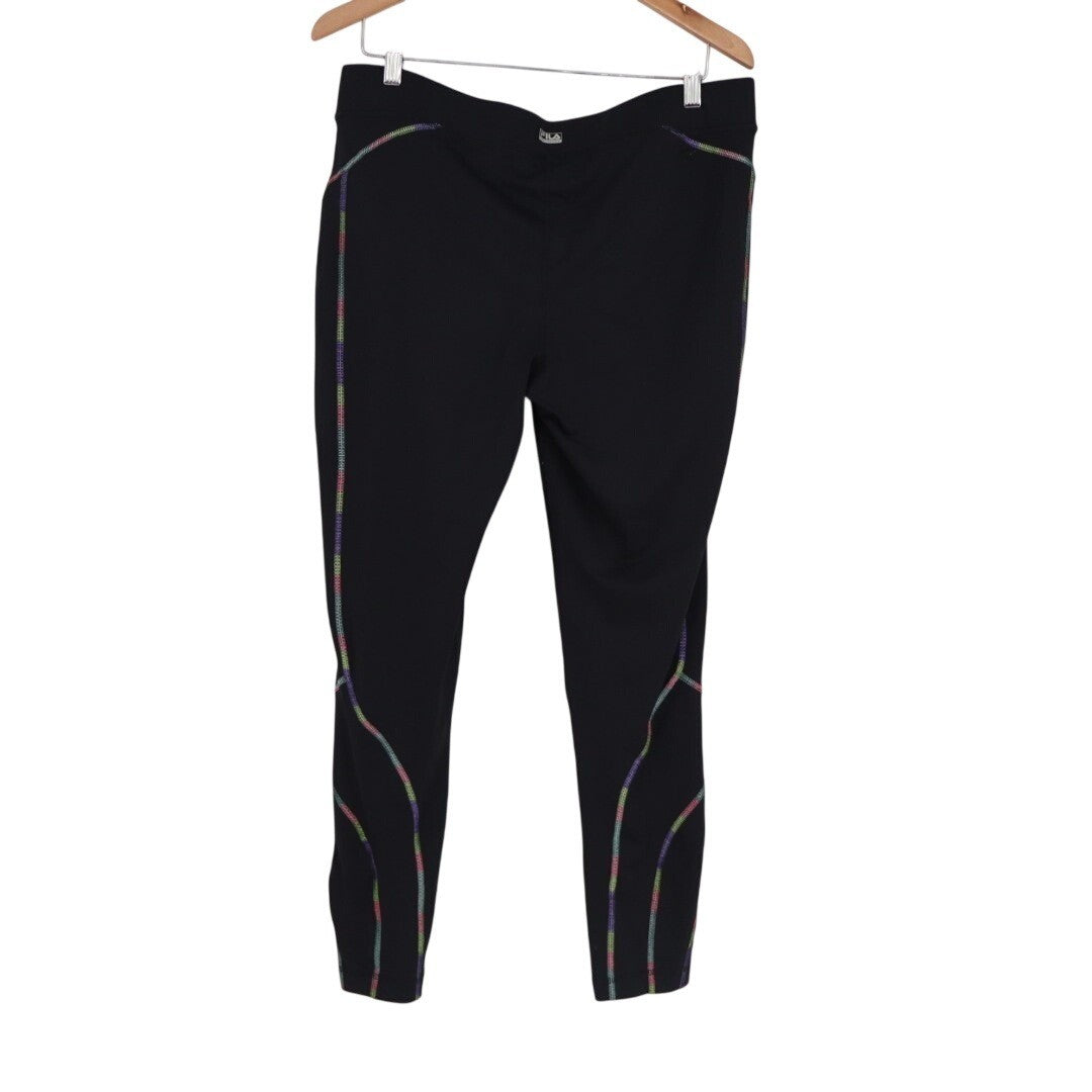 Fila Ankle Leggings Womens XL Black Stretch Elastic Waist Rainbow Stitch Workout