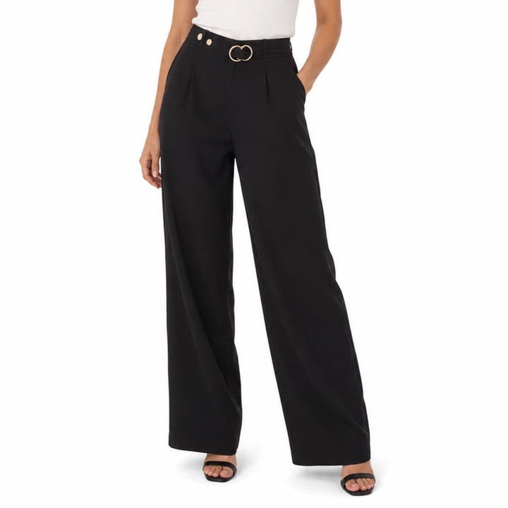 Womens Black High Waisted Wide Leg Trousers Gold Buckle Detail Dress Pants O/S