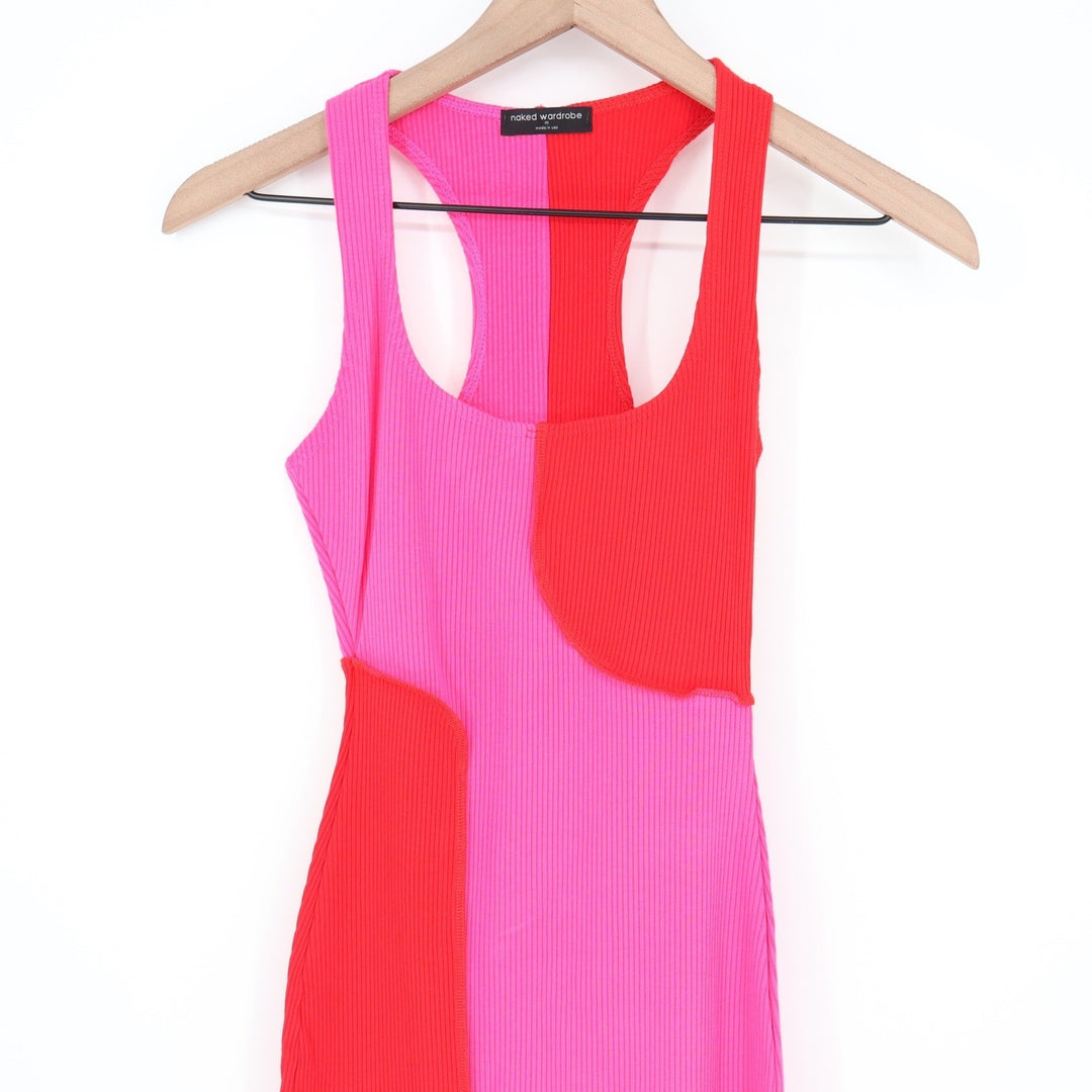 Naked Wardrobe Pink Red Colorblock Ribbed Midi Dress NW-D2400 Mens Size Medium