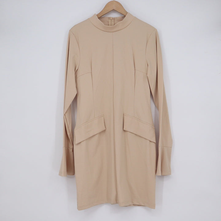 Tan Beige Mock Neck Long Sleeve Bell Cuff Mini Dress XL