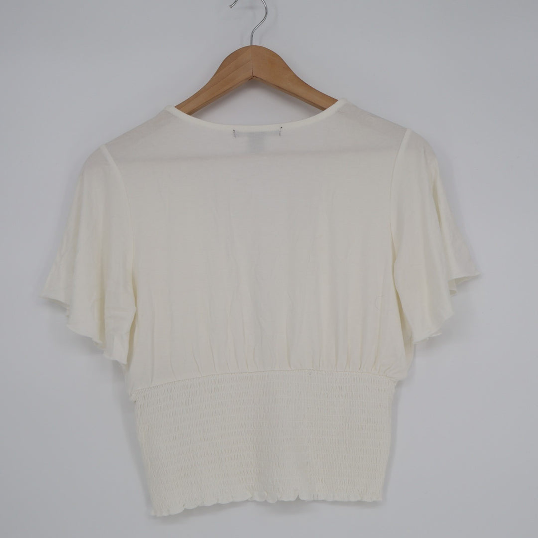 Forever 21 Crop Top Women Large Ivory Smocked Stretch Ruffle Sleeve Button Front