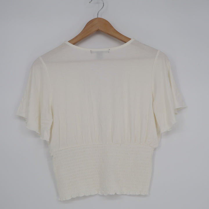 Forever 21 Crop Top Women Large Ivory Smocked Stretch Ruffle Sleeve Button Front