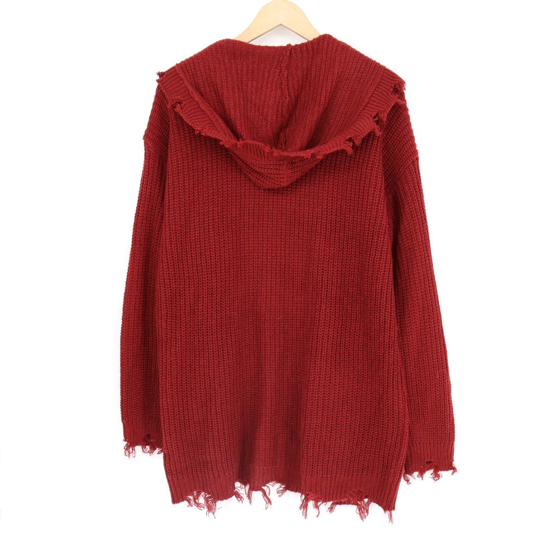 Derek Heart Cardigan Sweater Womens XL Red Acrylic Distressed Hooded Open Front