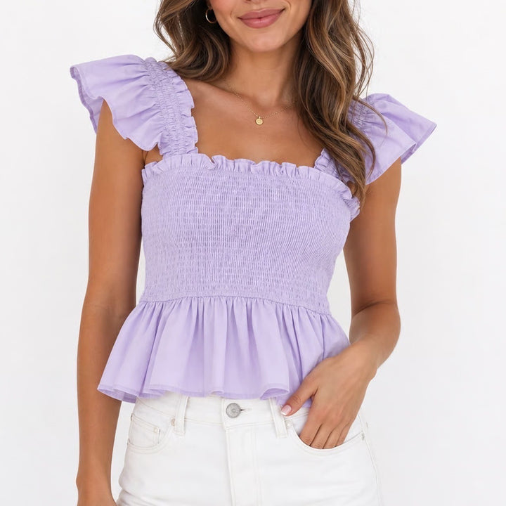 Francesca's Mi Ami Lavender Purple Smocked Peplum Ruffle Top Large NEW