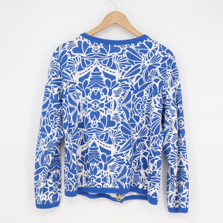 Blue White Floral Heart Button Cardigan Sweater Yellow Buttons
