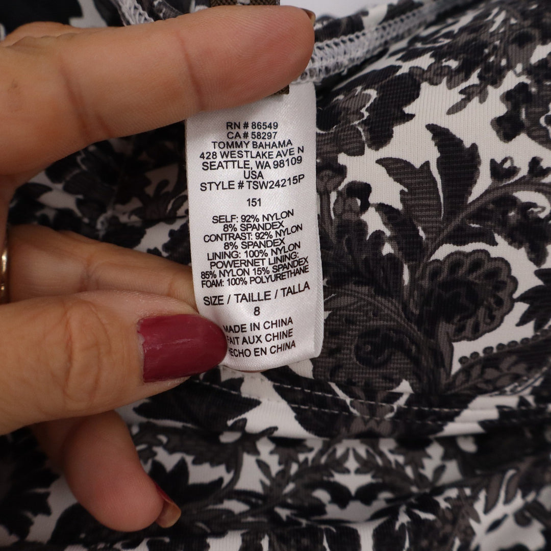 Tommy Bahama Women's Black White Damask Floral Halter One Piece Swimsuit 8