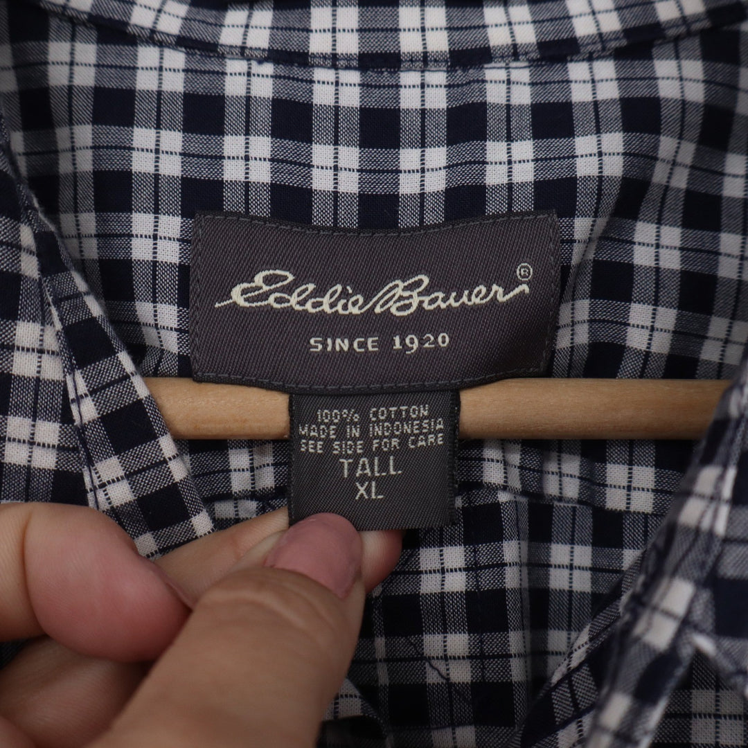 Eddie Bauer Mens XL Tall Navy Blue White Check Corded Chambray SS Button Shirt