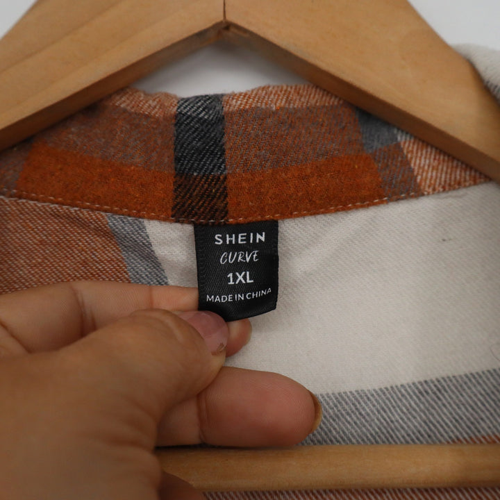 Shein Curve Orange Plaid Longline Shacket Shirt Jacket Plus Size 1XL
