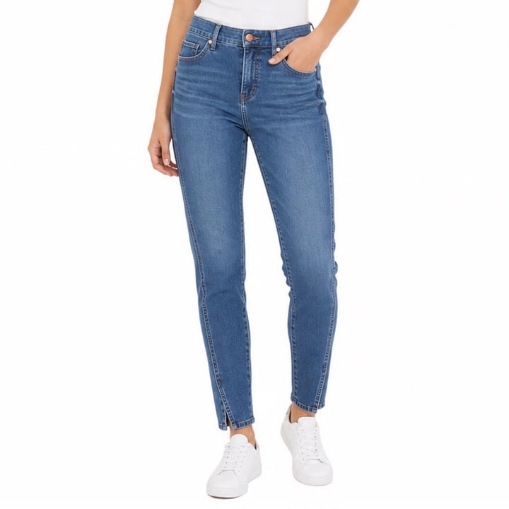 Express Womens 12R Skinny Mid Rise Jeans Front Seam Split Hem Blue Medium Wash