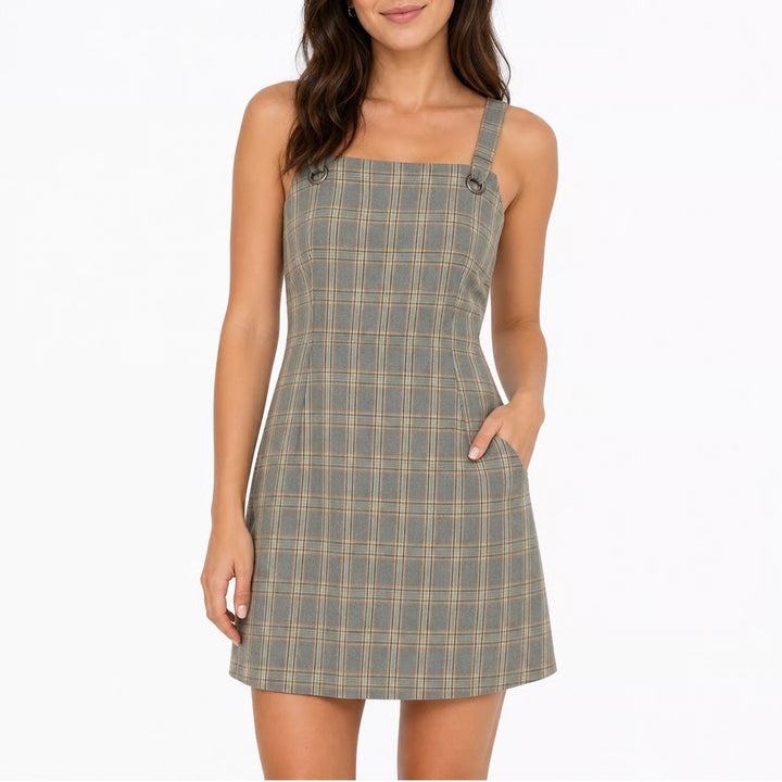 Bebop Grey Plaid Pinafore Mini Dress Overall Straps Grommet Large