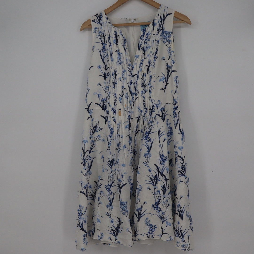 CeCe White Blue Floral Swiss Dot Pintuck V-Neck Sleeveless Cotton Dress Size 12