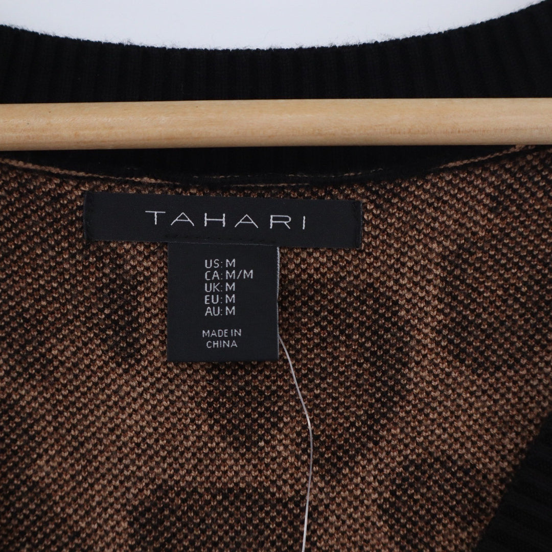 Tahari Womens Leopard Print V-Neck Sweater Tan Black Long Sleeve Knit Size M