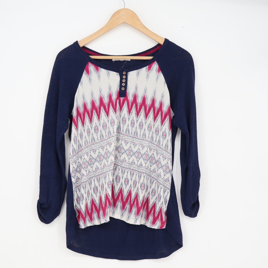 Rewind Womens Navy Blue Pink Geometric Chevron Henley Mixed Media Top M