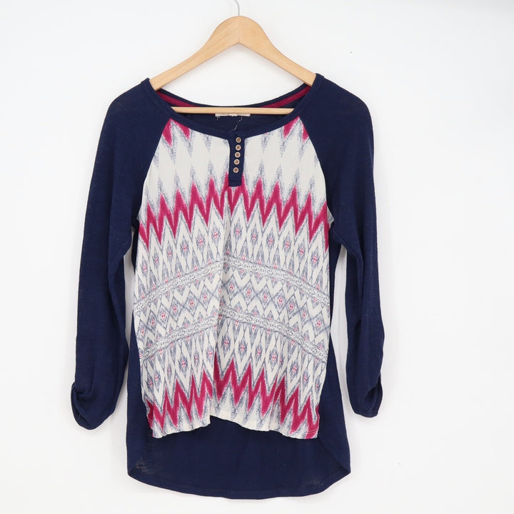 Rewind Womens Navy Blue Pink Geometric Chevron Henley Mixed Media Top M