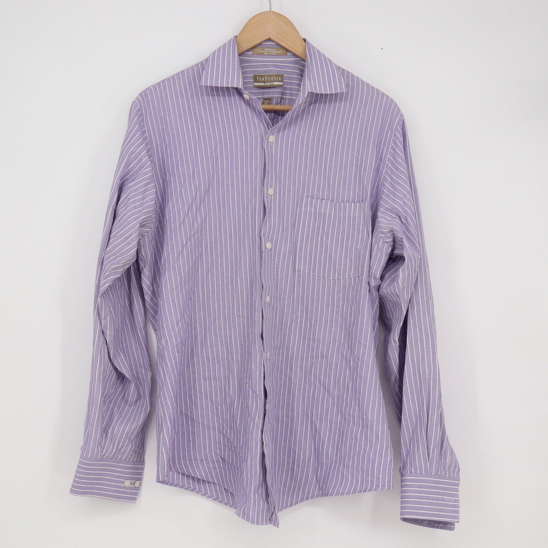 Van Heusen Mens Fitted Dress Shirt Purple White Stripe Wrinkle Free 15.5 34/35 M